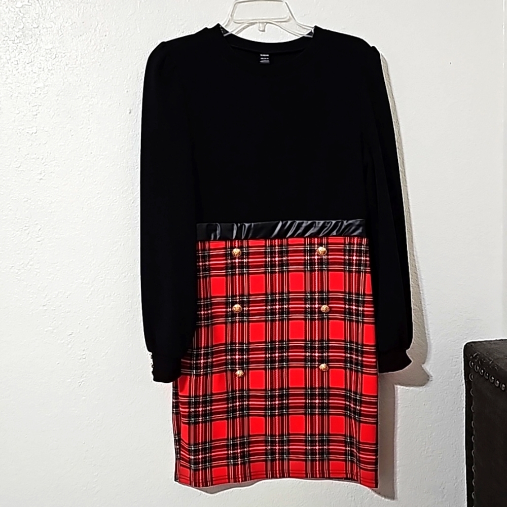Clasi Black Puff Long Sleeve Plaid Dress